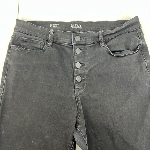 ana a new approach Size 14 High Rise Jeans Jeggings Black Raw Cut Hem Button Up - Picture 4 of 11